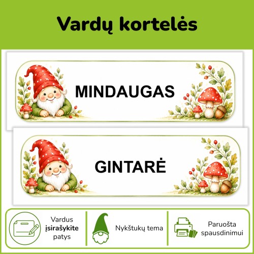 Personalizuojamos vardų kortelės | Nykštukų tema (Nr. P175)